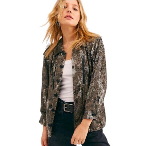 B45 Zadig & Voltaire Sequined Camou Jacket Women XS Rockstar Glam Edgy Metallic - Picture 1 of 12